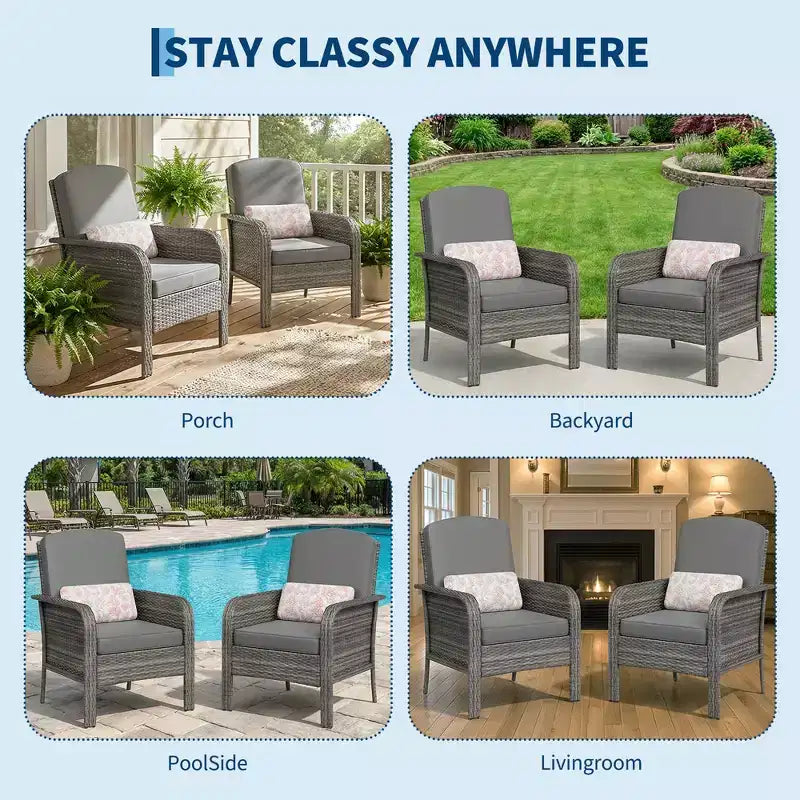 Set 2 sedie da esterno in rattan per patio, cuscini spessi, vimini sfumato per tutte le stagioni - Sedute da esterno versatili per portico, terrazza, giardino, cortile