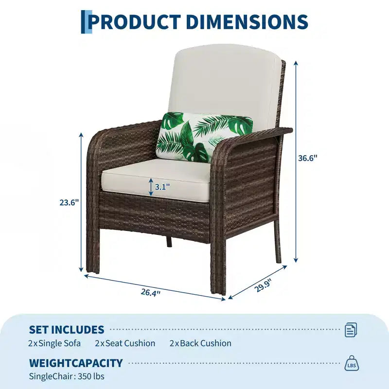 Set 2 sedie da esterno in rattan per patio, cuscini spessi, vimini sfumato per tutte le stagioni - Sedute da esterno versatili per portico, terrazza, giardino, cortile