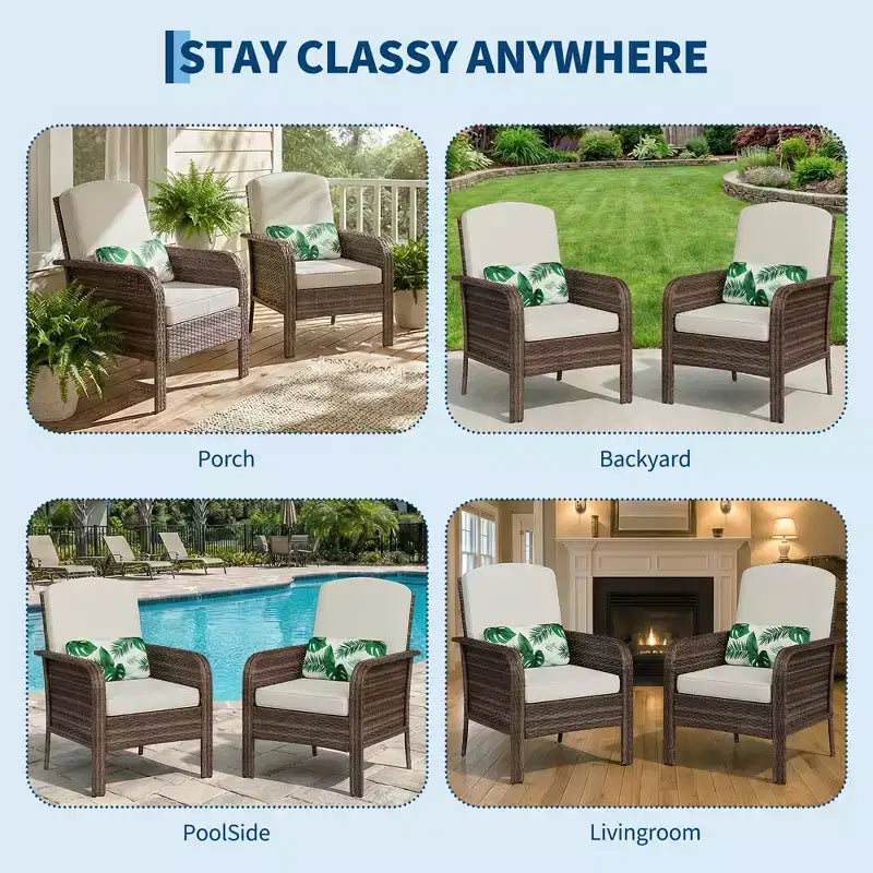 Set 2 sedie da esterno in rattan per patio, cuscini spessi, vimini sfumato per tutte le stagioni - Sedute da esterno versatili per portico, terrazza, giardino, cortile
