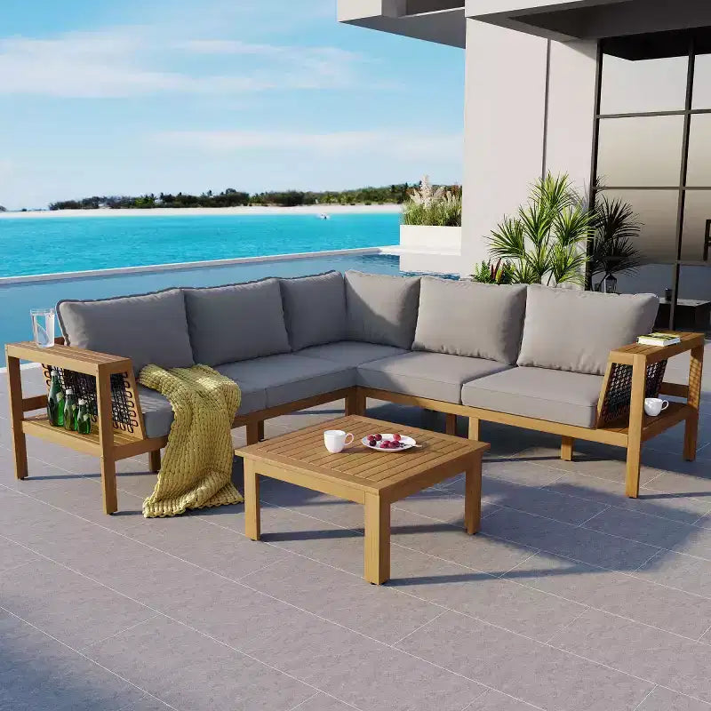 Set da salotto moderno per esterni a 4 pezzi in legno con cuscini, divano angolare a L con tavolino per patio, cortile-Panipeachy
