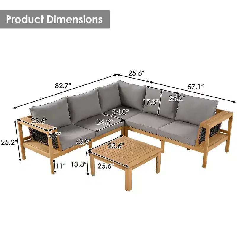 Set da salotto moderno per esterni a 4 pezzi in legno con cuscini, divano angolare a L con tavolino per patio, cortile-Panipeachy