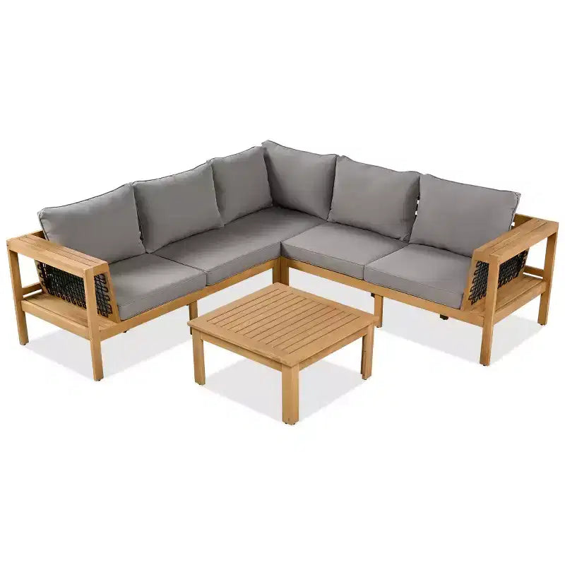 Set da salotto moderno per esterni a 4 pezzi in legno con cuscini, divano angolare a L con tavolino per patio, cortile-Panipeachy
