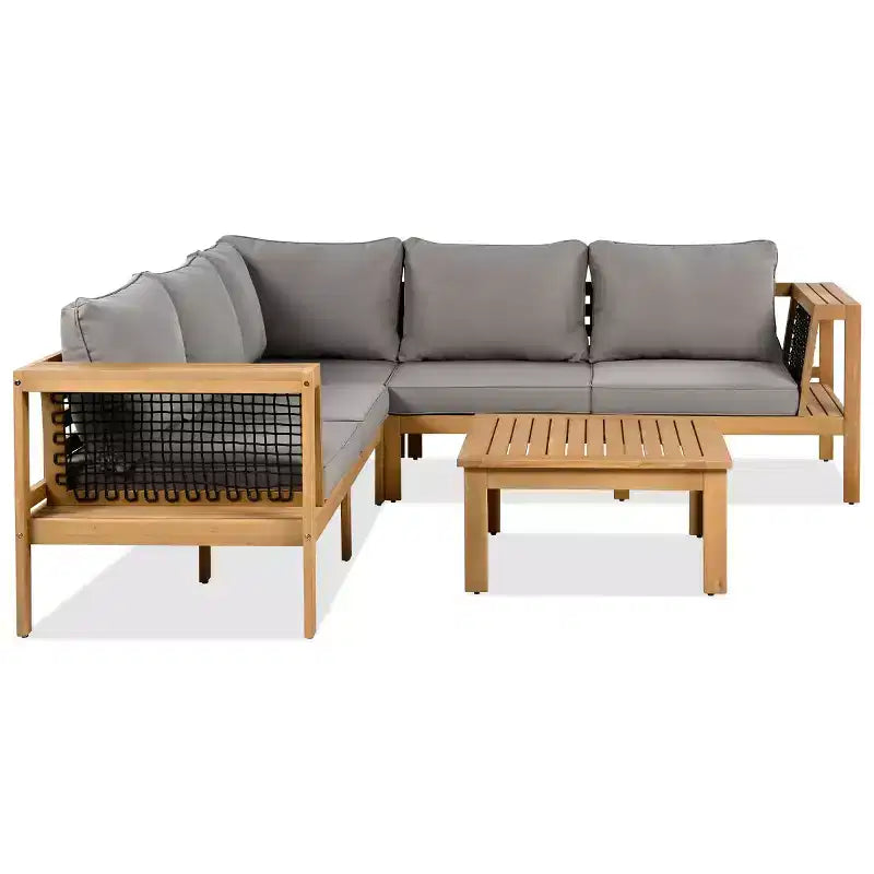 Set da salotto moderno per esterni a 4 pezzi in legno con cuscini, divano angolare a L con tavolino per patio, cortile-Panipeachy