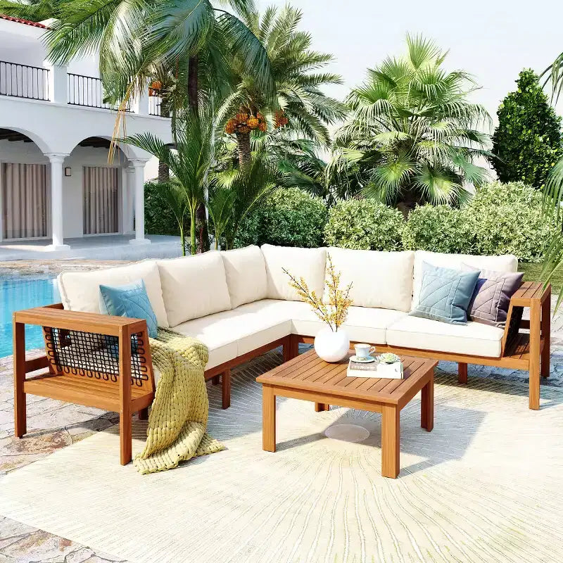 Set da salotto moderno per esterni a 4 pezzi in legno con cuscini, divano angolare a L con tavolino per patio, cortile-Panipeachy