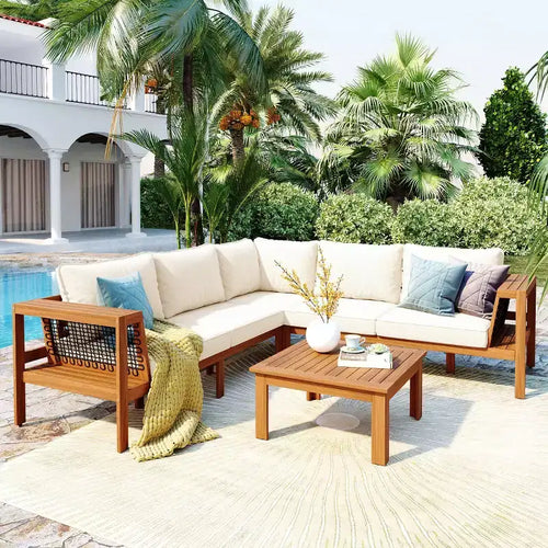 Ensemble de conversation d'extérieur moderne en bois 4 pièces avec coussins, canapé d'angle en forme de L avec table basse pour patio, jardin - Panipeachy