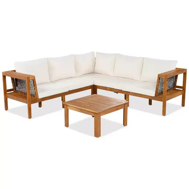 Set da salotto moderno per esterni a 4 pezzi in legno con cuscini, divano angolare a L con tavolino per patio, cortile-Panipeachy