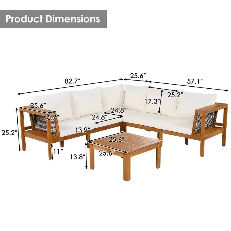 Set da salotto moderno per esterni a 4 pezzi in legno con cuscini, divano angolare a L con tavolino per patio, cortile-Panipeachy
