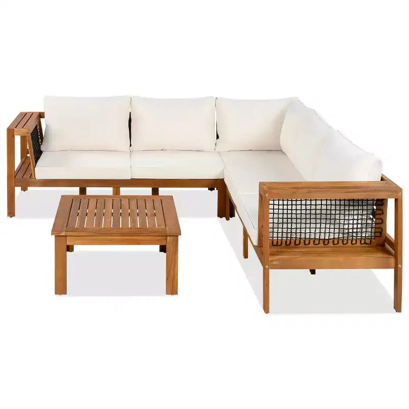 Set da salotto moderno per esterni a 4 pezzi in legno con cuscini, divano angolare a L con tavolino per patio, cortile-Panipeachy