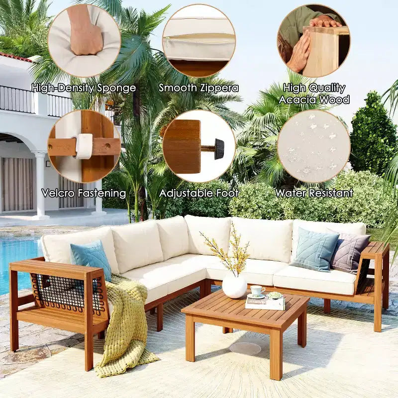 Set da salotto moderno per esterni a 4 pezzi in legno con cuscini, divano angolare a L con tavolino per patio, cortile-Panipeachy