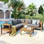 Set da salotto moderno per esterni a 4 pezzi in legno con cuscini, divano angolare a L con tavolino per patio, cortile-Panipeachy