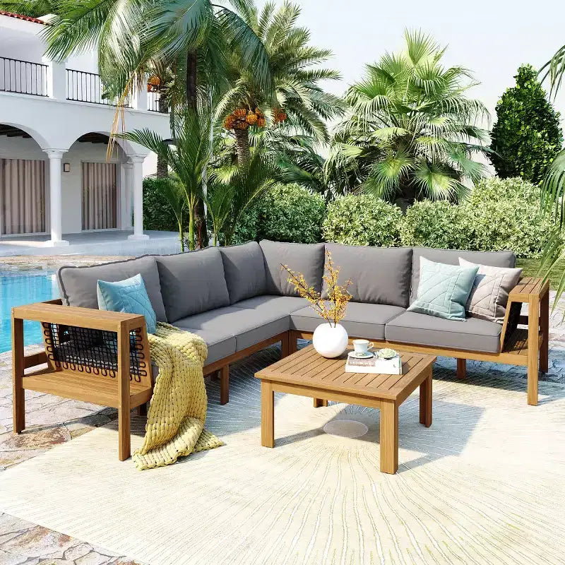 Set da salotto moderno per esterni a 4 pezzi in legno con cuscini, divano angolare a L con tavolino per patio, cortile-Panipeachy