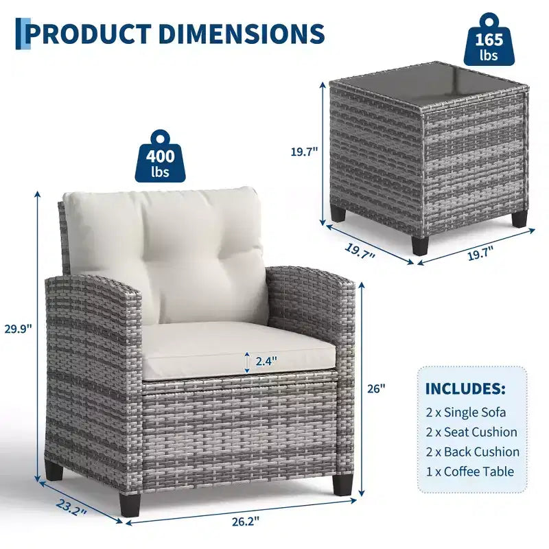 Set da 3 mobili da esterno in rattan PE, set tavolo e sedie da esterno con piano in vetro temperato e cuscini, set conversazione da patio