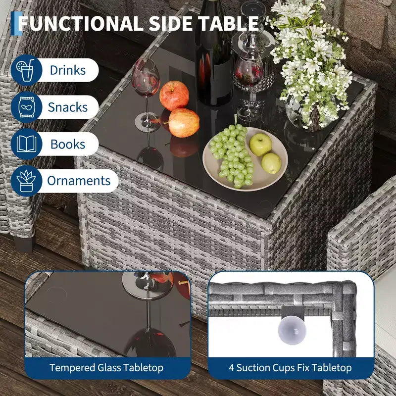 Set da 3 mobili da esterno in rattan PE, set tavolo e sedie da esterno con piano in vetro temperato e cuscini, set conversazione da patio