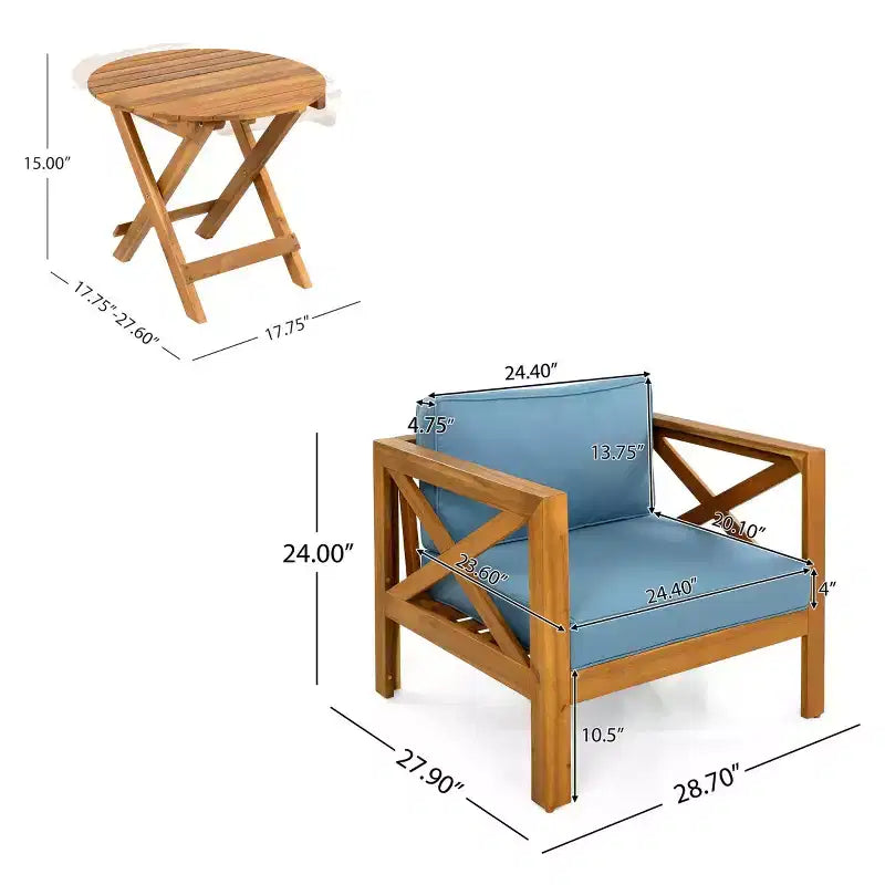 Set da conversazione per patio per piccoli spazi, seduta da esterno in legno di acacia con cuscini e tavolino pieghevole per balcone, ponte, giardino - Panipeachy