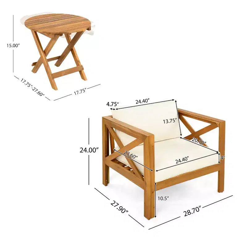 Set da conversazione per patio per piccoli spazi, seduta da esterno in legno di acacia con cuscini e tavolino pieghevole per balcone, ponte, giardino - Panipeachy