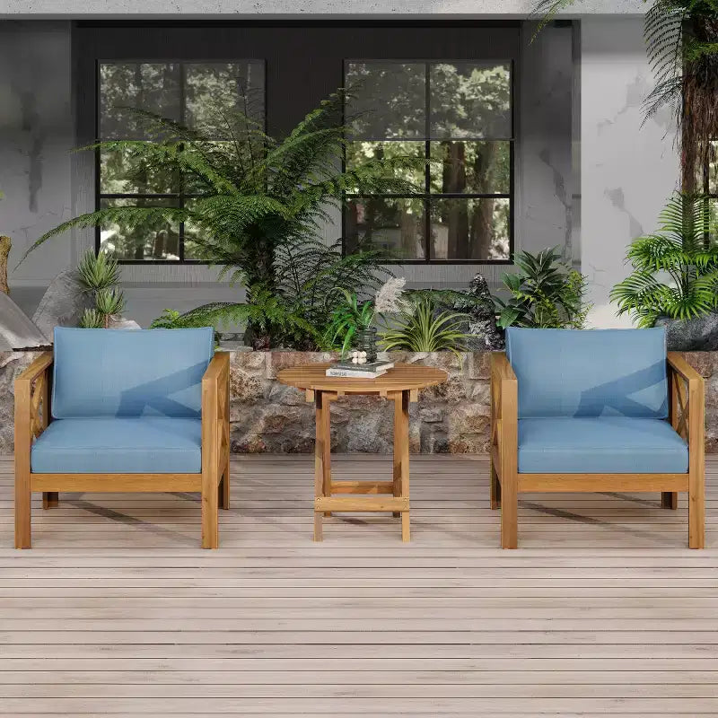 Set da conversazione per patio per piccoli spazi, seduta da esterno in legno di acacia con cuscini e tavolino pieghevole per balcone, ponte, giardino - Panipeachy