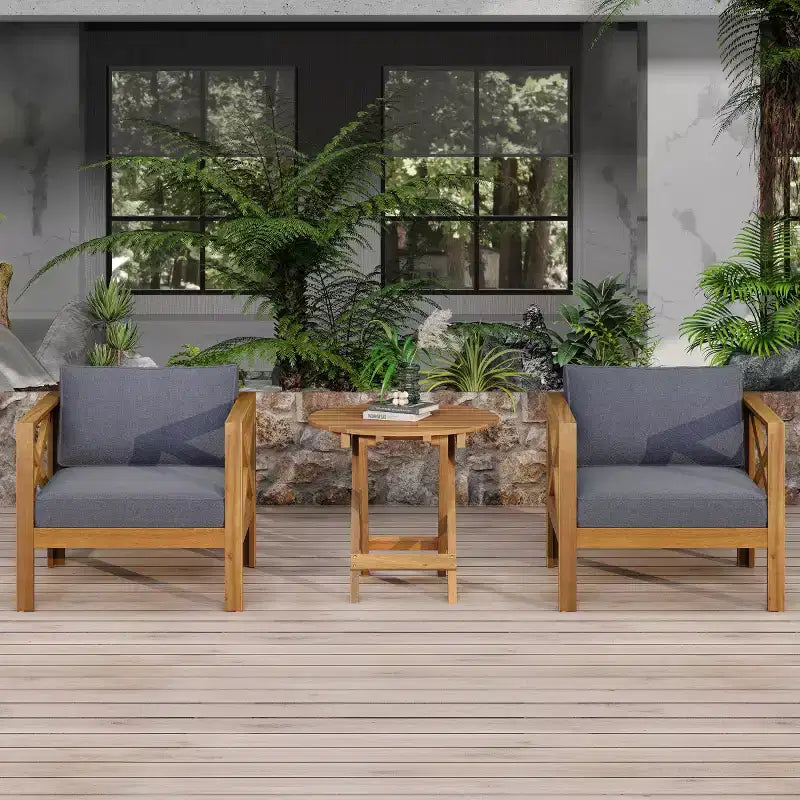 Set da conversazione per patio per piccoli spazi, seduta da esterno in legno di acacia con cuscini e tavolino pieghevole per balcone, ponte, giardino - Panipeachy