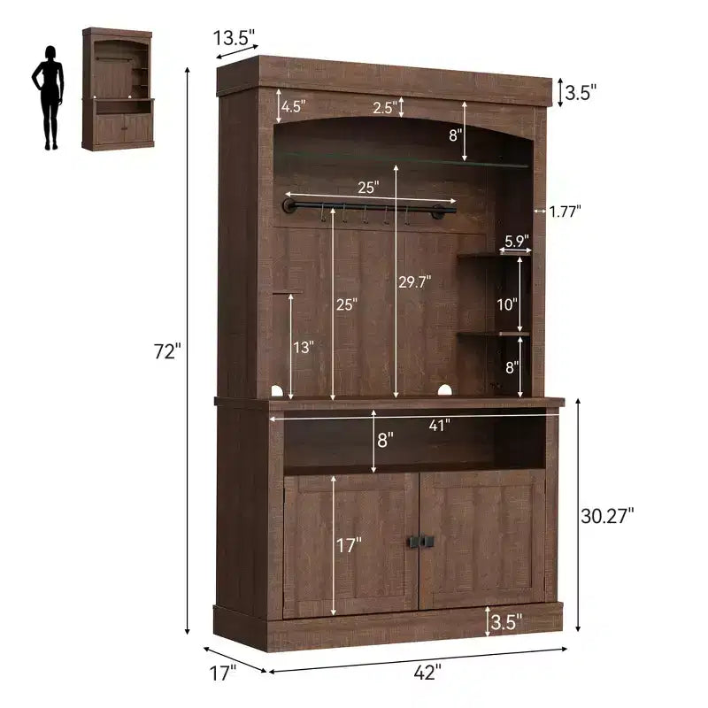 Mobile Credenza da Cucina alto 183 cm con Luci LED, Buffet con Portabottiglie, Ripiano in Vetro e Supporto per Microonde per Sala da Pranzo