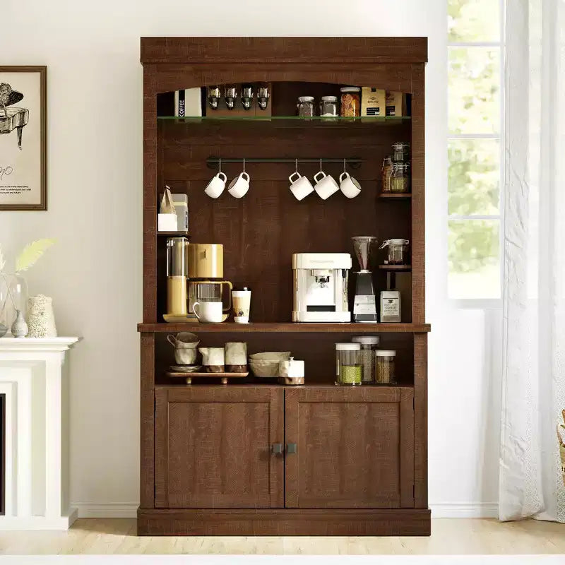Mobile Credenza da Cucina alto 183 cm con Luci LED, Buffet con Portabottiglie, Ripiano in Vetro e Supporto per Microonde per Sala da Pranzo
