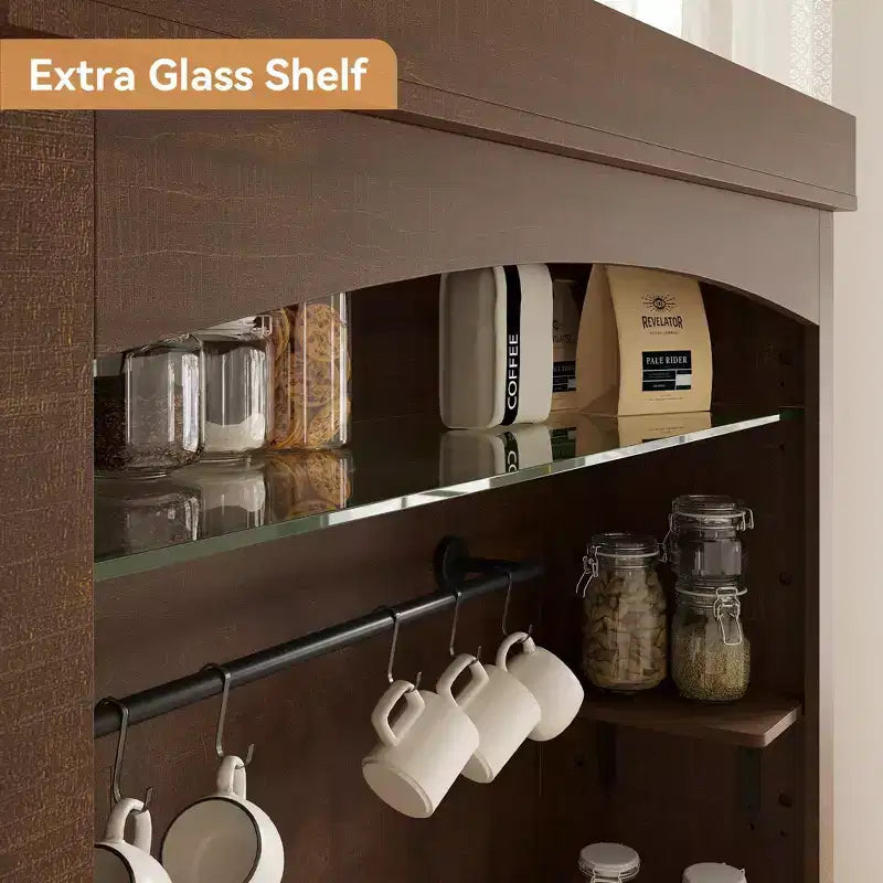 Mobile Credenza da Cucina alto 183 cm con Luci LED, Buffet con Portabottiglie, Ripiano in Vetro e Supporto per Microonde per Sala da Pranzo