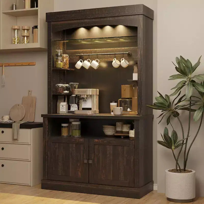 Mobile Credenza da Cucina alto 183 cm con Luci LED, Buffet con Portabottiglie, Ripiano in Vetro e Supporto per Microonde per Sala da Pranzo