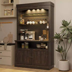 Mobile Credenza da Cucina alto 183 cm con Luci LED, Buffet con Portabottiglie, Ripiano in Vetro e Supporto per Microonde per Sala da Pranzo