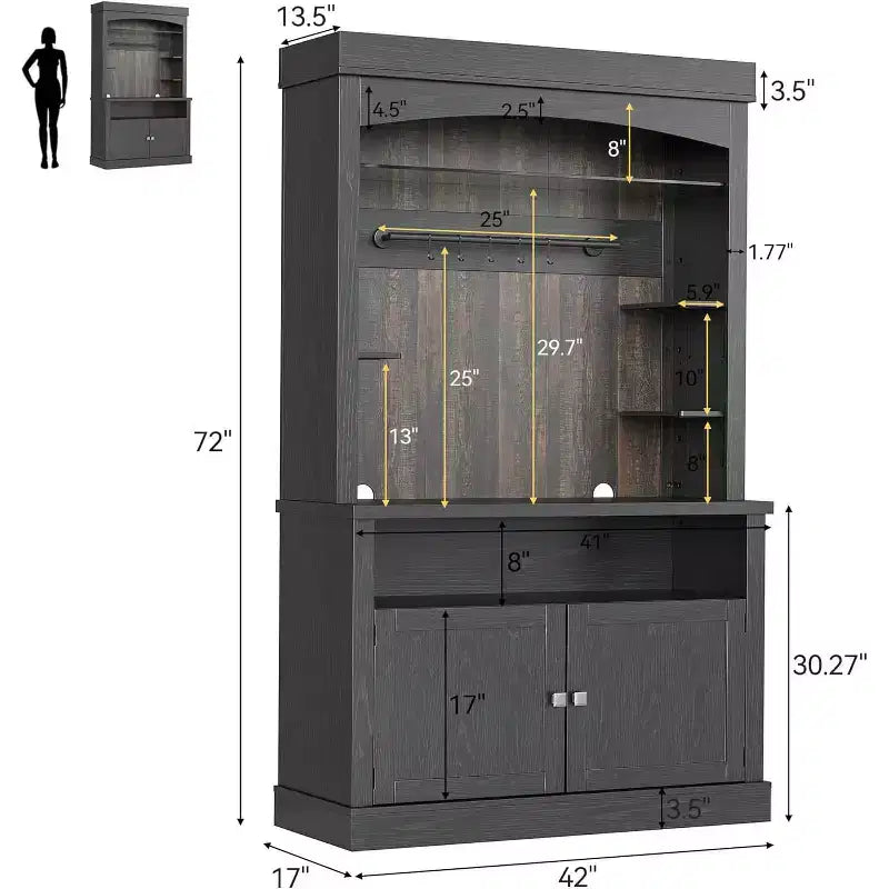 Mobile Credenza da Cucina alto 183 cm con Luci LED, Buffet con Portabottiglie, Ripiano in Vetro e Supporto per Microonde per Sala da Pranzo