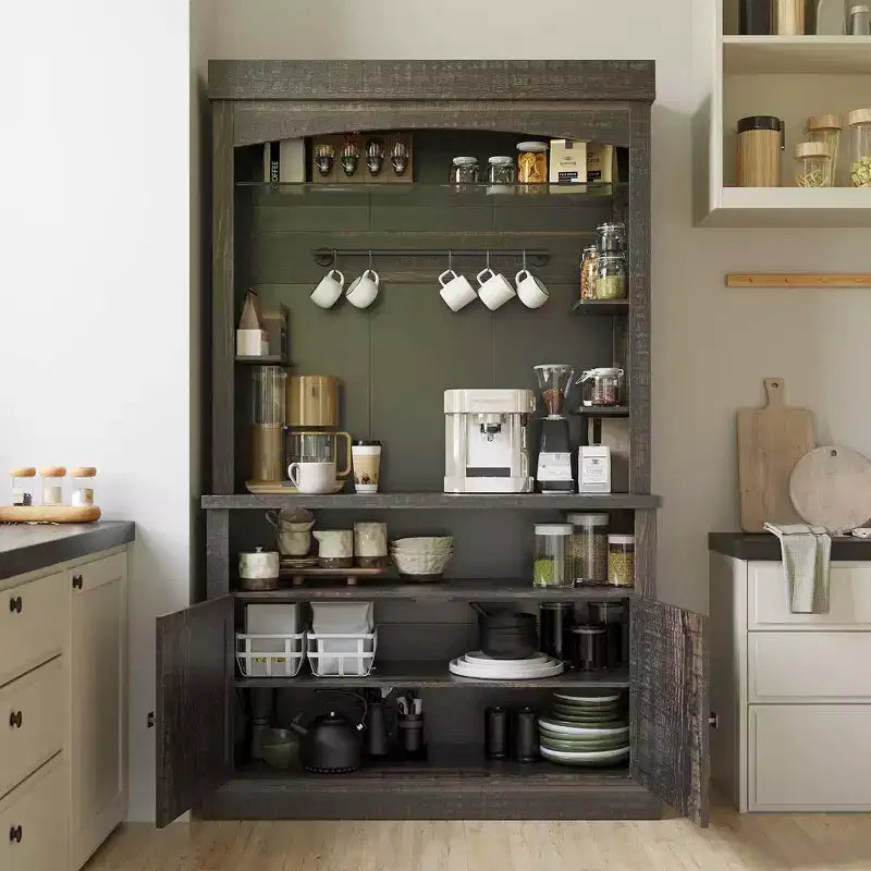 Mobile Credenza da Cucina alto 183 cm con Luci LED, Buffet con Portabottiglie, Ripiano in Vetro e Supporto per Microonde per Sala da Pranzo