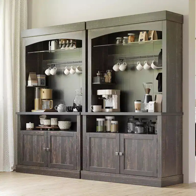 Mobile Credenza da Cucina alto 183 cm con Luci LED, Buffet con Portabottiglie, Ripiano in Vetro e Supporto per Microonde per Sala da Pranzo