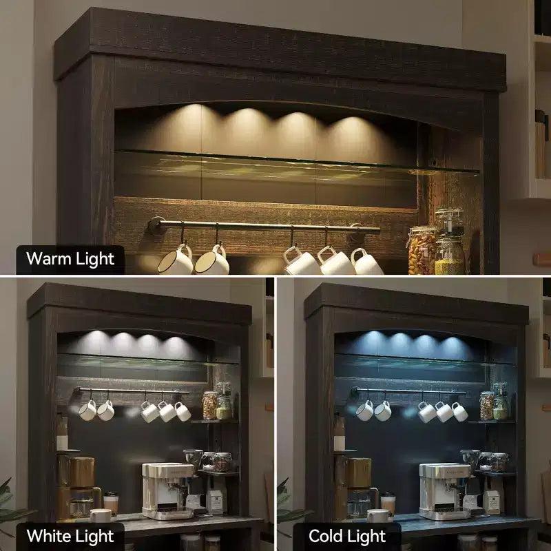 Mobile Credenza da Cucina alto 183 cm con Luci LED, Buffet con Portabottiglie, Ripiano in Vetro e Supporto per Microonde per Sala da Pranzo