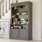 Mobile Credenza da Cucina alto 183 cm con Luci LED, Buffet con Portabottiglie, Ripiano in Vetro e Supporto per Microonde per Sala da Pranzo
