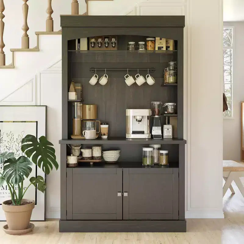 Mobile Credenza da Cucina alto 183 cm con Luci LED, Buffet con Portabottiglie, Ripiano in Vetro e Supporto per Microonde per Sala da Pranzo