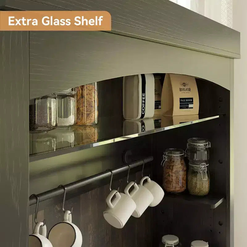 Mobile Credenza da Cucina alto 183 cm con Luci LED, Buffet con Portabottiglie, Ripiano in Vetro e Supporto per Microonde per Sala da Pranzo