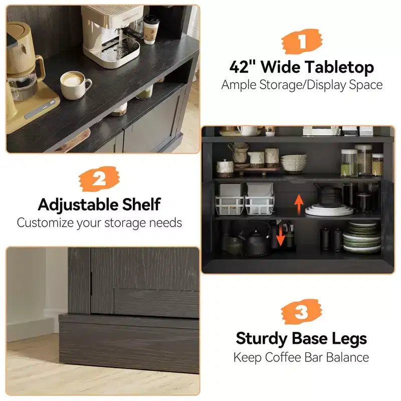 Mobile Credenza da Cucina alto 183 cm con Luci LED, Buffet con Portabottiglie, Ripiano in Vetro e Supporto per Microonde per Sala da Pranzo