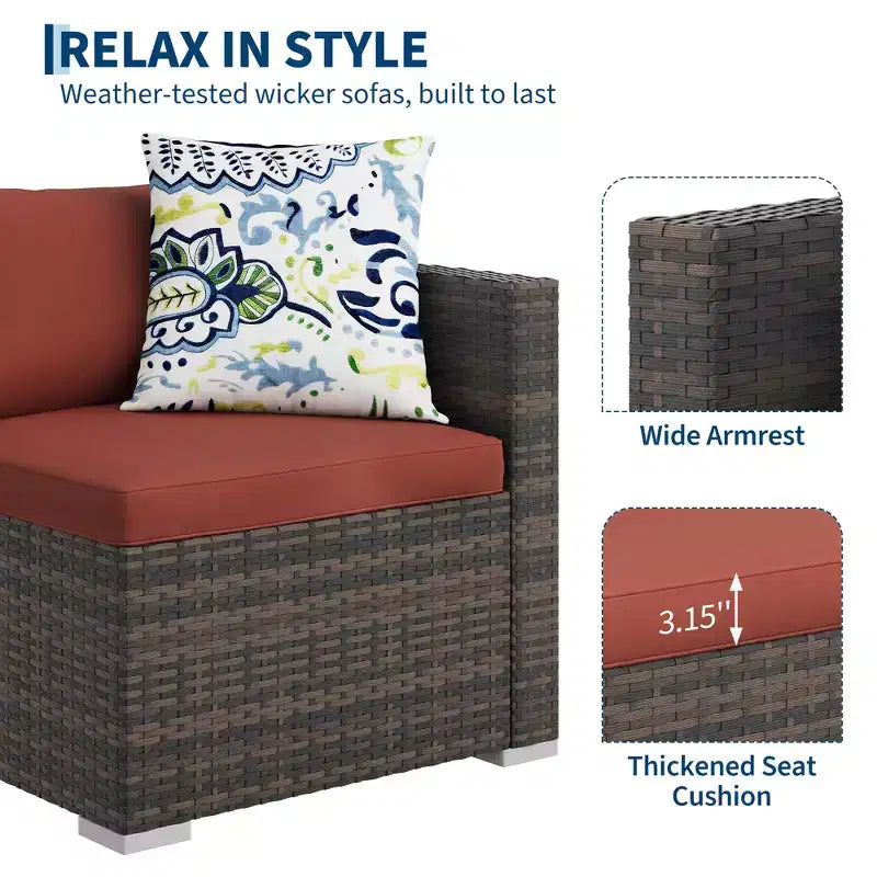 Set da conversazione per esterni GustoWave da 5 pezzi, divano angolare in rattan con tavolo in vetro e cuscini decorativi