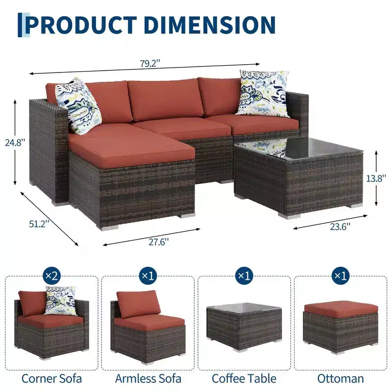 Set da conversazione per esterni GustoWave da 5 pezzi, divano angolare in rattan con tavolo in vetro e cuscini decorativi