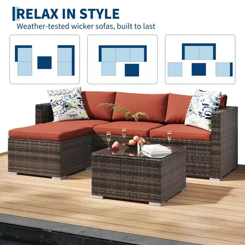 Set da conversazione per esterni GustoWave da 5 pezzi, divano angolare in rattan con tavolo in vetro e cuscini decorativi