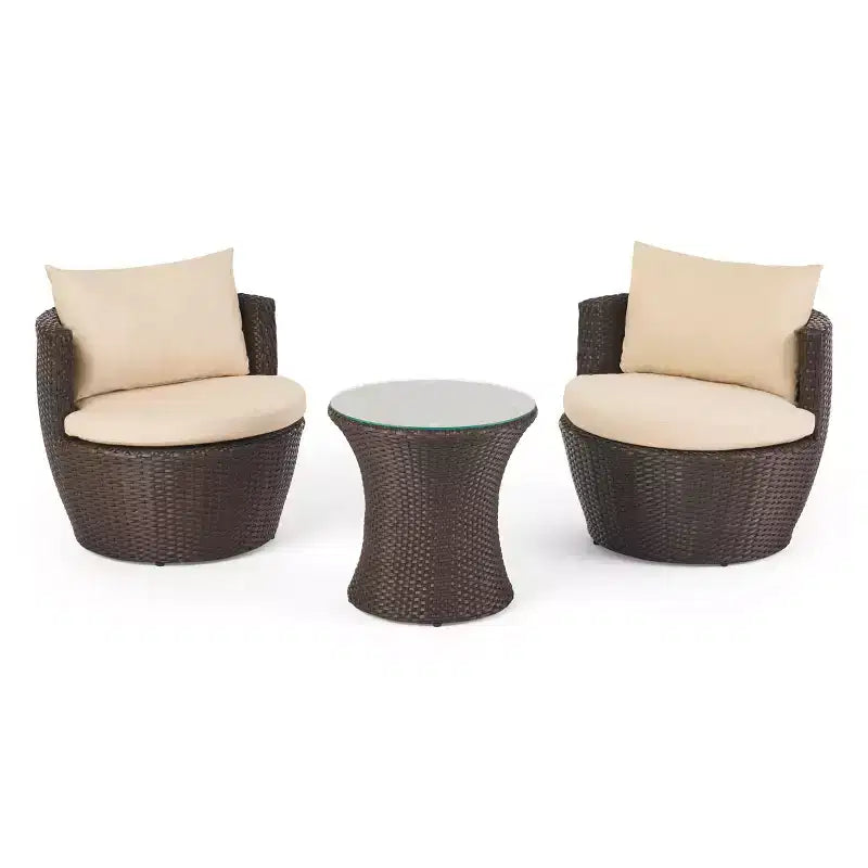 ModernLuxe Set da 3 pezzi per conversazione da esterno, Set da conversazione in vimini per patio, sedie in rattan PE con cuscini e tavolo in vetro temperato
