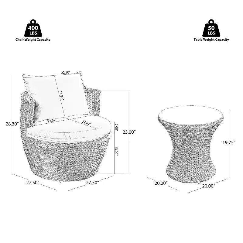 ModernLuxe Set da 3 pezzi per conversazione da esterno, Set da conversazione in vimini per patio, sedie in rattan PE con cuscini e tavolo in vetro temperato