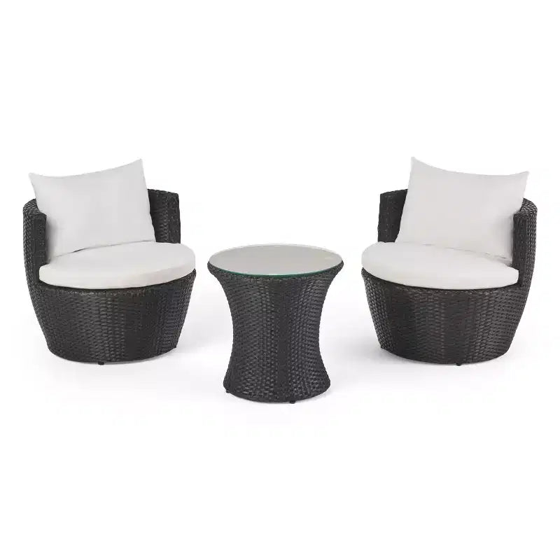 ModernLuxe Set da 3 pezzi per conversazione da esterno, Set da conversazione in vimini per patio, sedie in rattan PE con cuscini e tavolo in vetro temperato