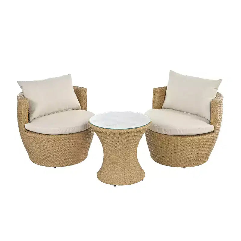 ModernLuxe Set da 3 pezzi per conversazione da esterno, Set da conversazione in vimini per patio, sedie in rattan PE con cuscini e tavolo in vetro temperato