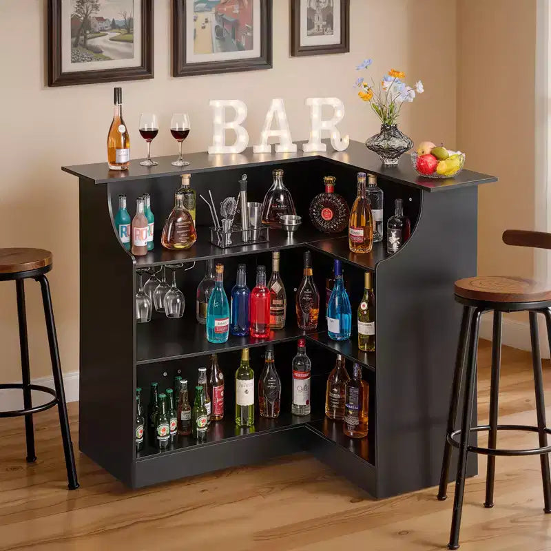 VEVOR Unità Bar per Casa, Tavolo a Barra Angolare a L a 4 Ripiani con Mensole Contenitore, Porta Bicchieri da Vino, Capacità Massima 136 kg, Mobiletto Liquori in Legno, Nero