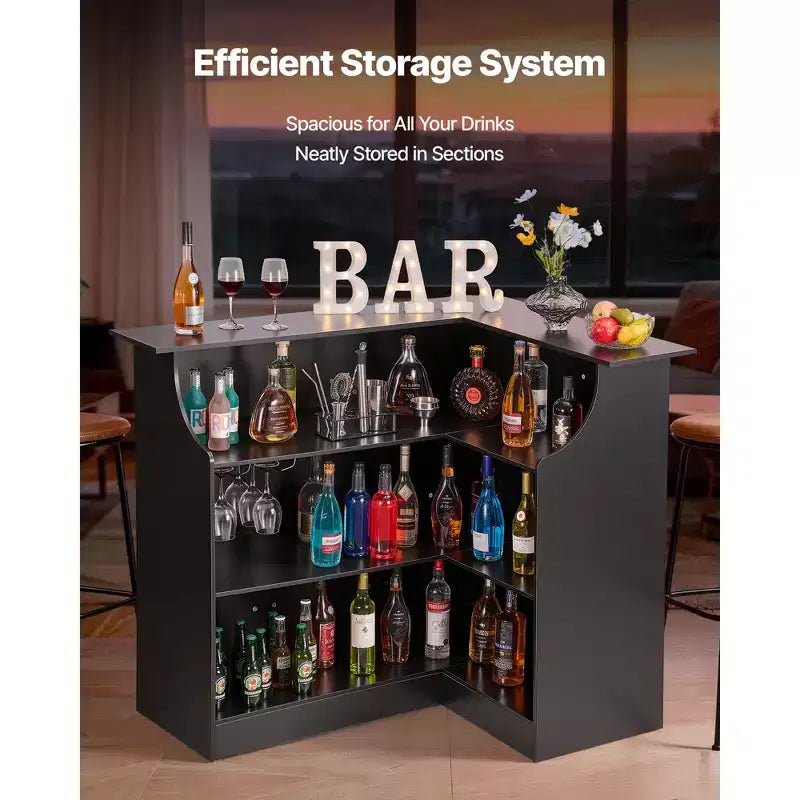 VEVOR Unità Bar per Casa, Tavolo a Barra Angolare a L a 4 Ripiani con Mensole Contenitore, Porta Bicchieri da Vino, Capacità Massima 136 kg, Mobiletto Liquori in Legno, Nero