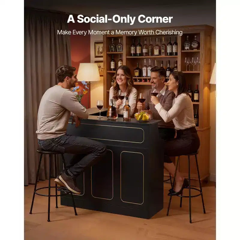 VEVOR Unità Bar per Casa, Tavolo a Barra Angolare a L a 4 Ripiani con Mensole Contenitore, Porta Bicchieri da Vino, Capacità Massima 136 kg, Mobiletto Liquori in Legno, Nero