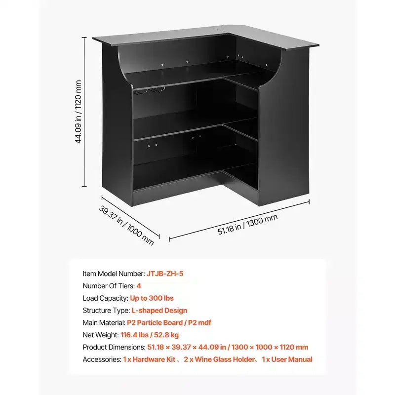 VEVOR Unità Bar per Casa, Tavolo a Barra Angolare a L a 4 Ripiani con Mensole Contenitore, Porta Bicchieri da Vino, Capacità Massima 136 kg, Mobiletto Liquori in Legno, Nero