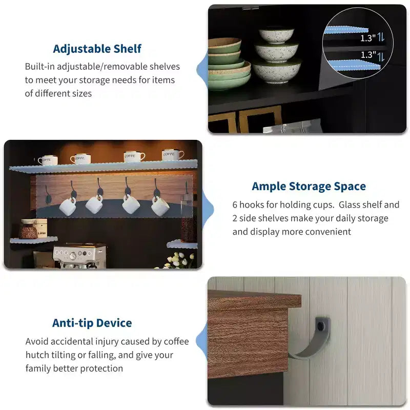 Credenza da fattoria per angolo caffè con luci a LED alta 183 cm, ripiani regolabili, ante e cassetto, ripiano in vetro, ampio spazio contenitore per buffet