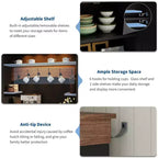 Credenza da fattoria per angolo caffè con luci a LED alta 183 cm, ripiani regolabili, ante e cassetto, ripiano in vetro, ampio spazio contenitore per buffet