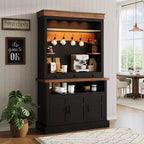 Credenza da fattoria per angolo caffè con luci a LED alta 183 cm, ripiani regolabili, ante e cassetto, ripiano in vetro, ampio spazio contenitore per buffet
