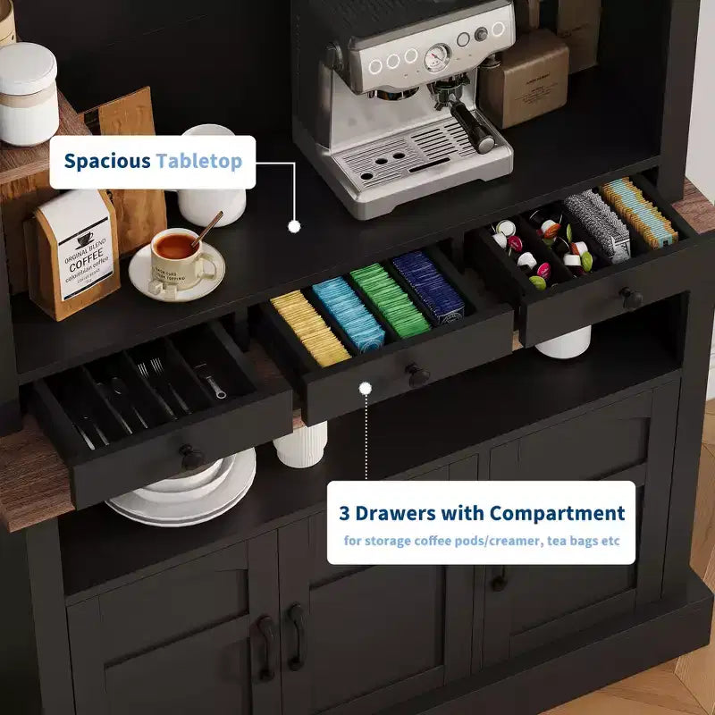 Credenza da fattoria per angolo caffè con luci a LED alta 183 cm, ripiani regolabili, ante e cassetto, ripiano in vetro, ampio spazio contenitore per buffet