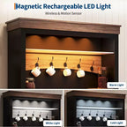 Credenza da fattoria per angolo caffè con luci a LED alta 183 cm, ripiani regolabili, ante e cassetto, ripiano in vetro, ampio spazio contenitore per buffet